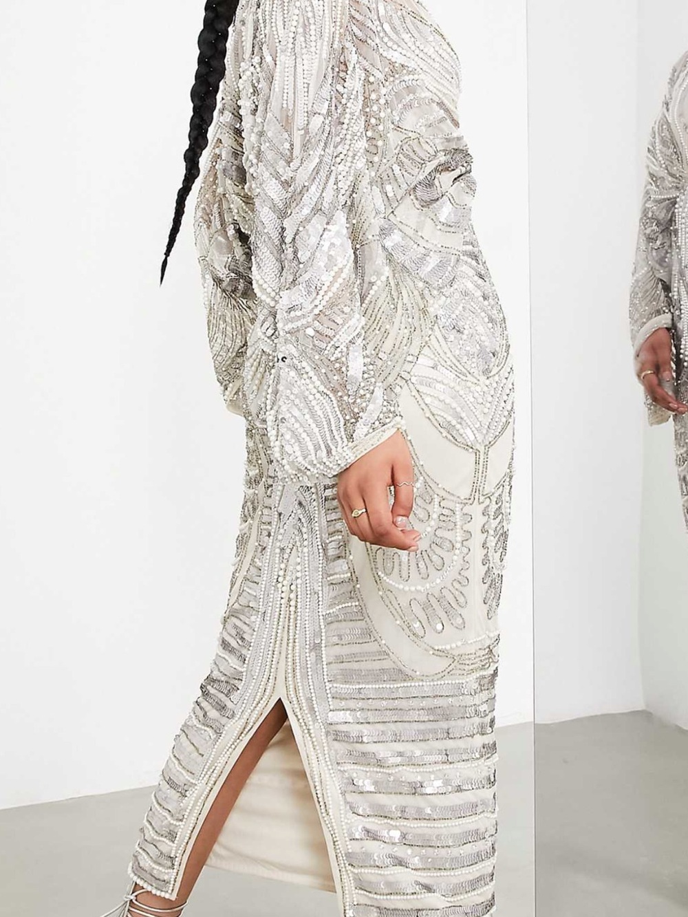 ASOS Pearl-Embellished Silver White Kimono Sleeve Midi Dress - Picture 2 of 6